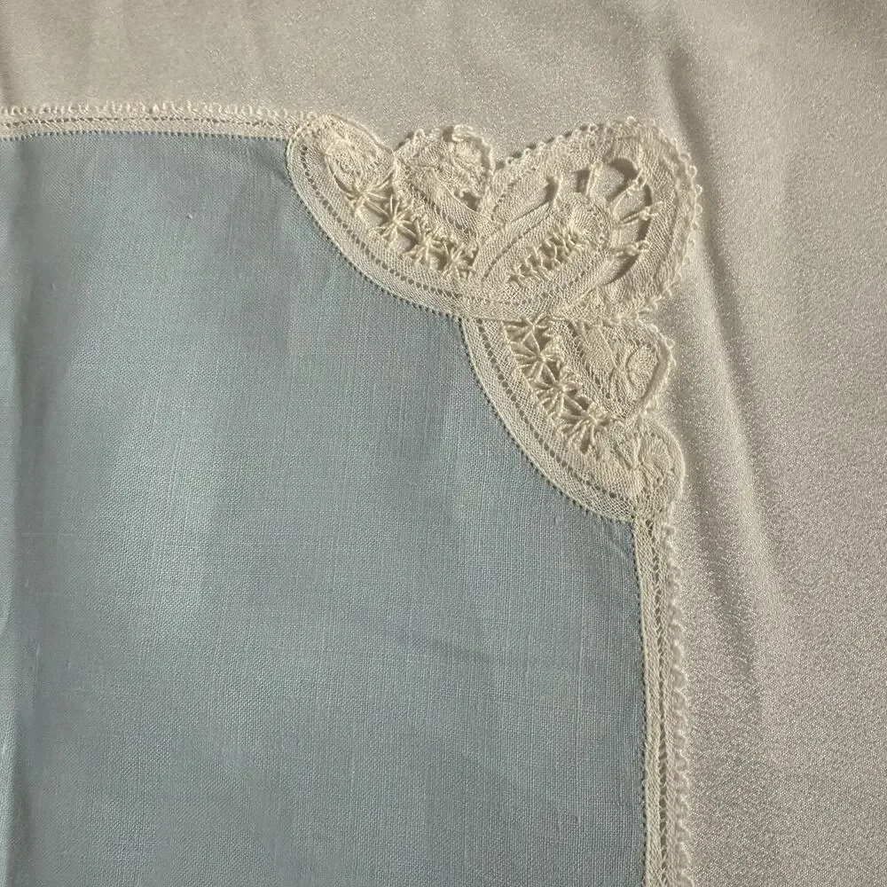 Vintage Blue Linen Placemats 16x11 Napkins 11x11 Set 23pc Lace Trim Estate